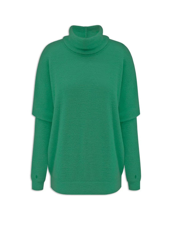 BLUSA EM FIO PLUMA DE GOLA ALTA COM MANGAS AJUSTADAS E DE CAVA CAÍDA BIAMAR