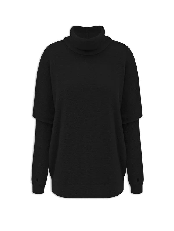 BLUSA EM FIO PLUMA DE GOLA ALTA COM MANGAS AJUSTADAS E DE CAVA CAÍDA BIAMAR
