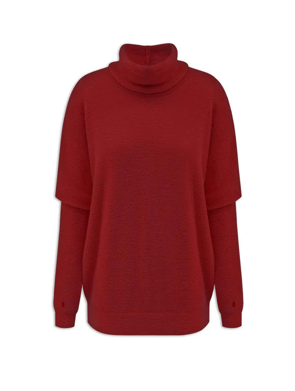 BLUSA EM FIO PLUMA DE GOLA ALTA COM MANGAS AJUSTADAS E DE CAVA CAÍDA BIAMAR