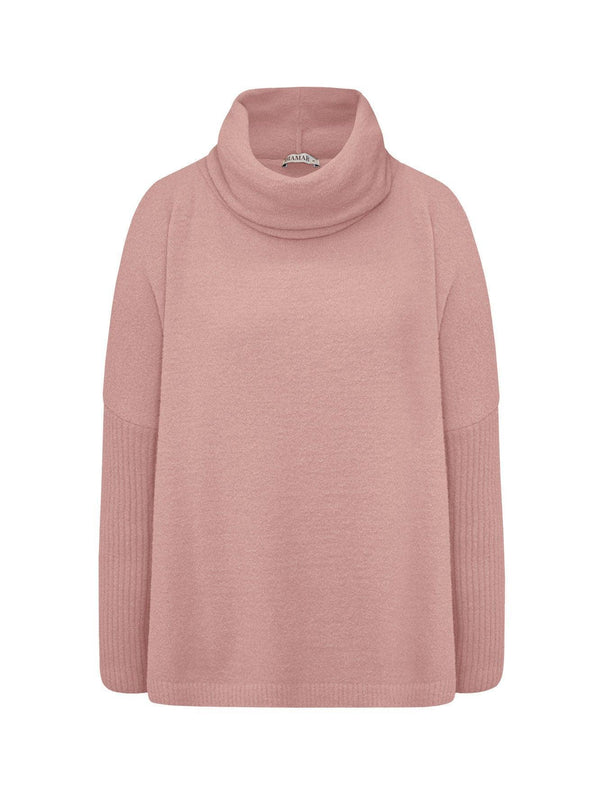 BLUSA ALONGADA EM FIO PLUMA COM GOLA ALTA E MANGA CANELADA BIAMAR