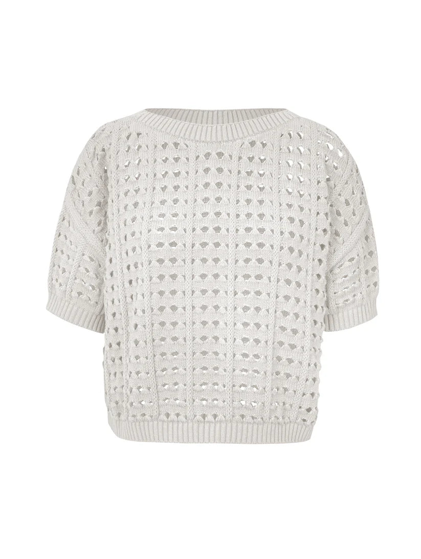 BLUSA EM ALGODÃO COM PONTOS VAZADOS E GOLA CANOA