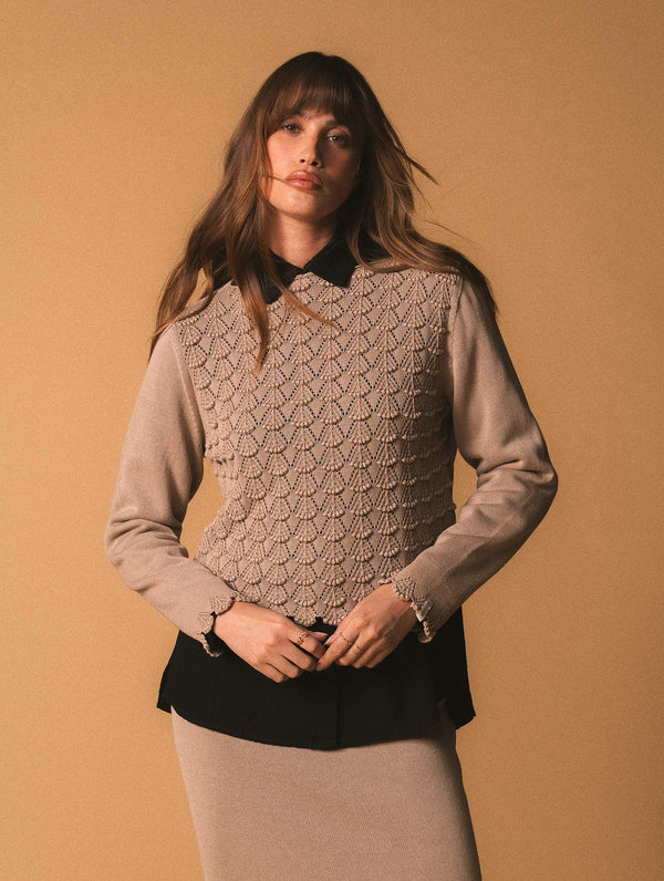 Blusa de algodão em ponto araucária com mangas longas Biamar 12446