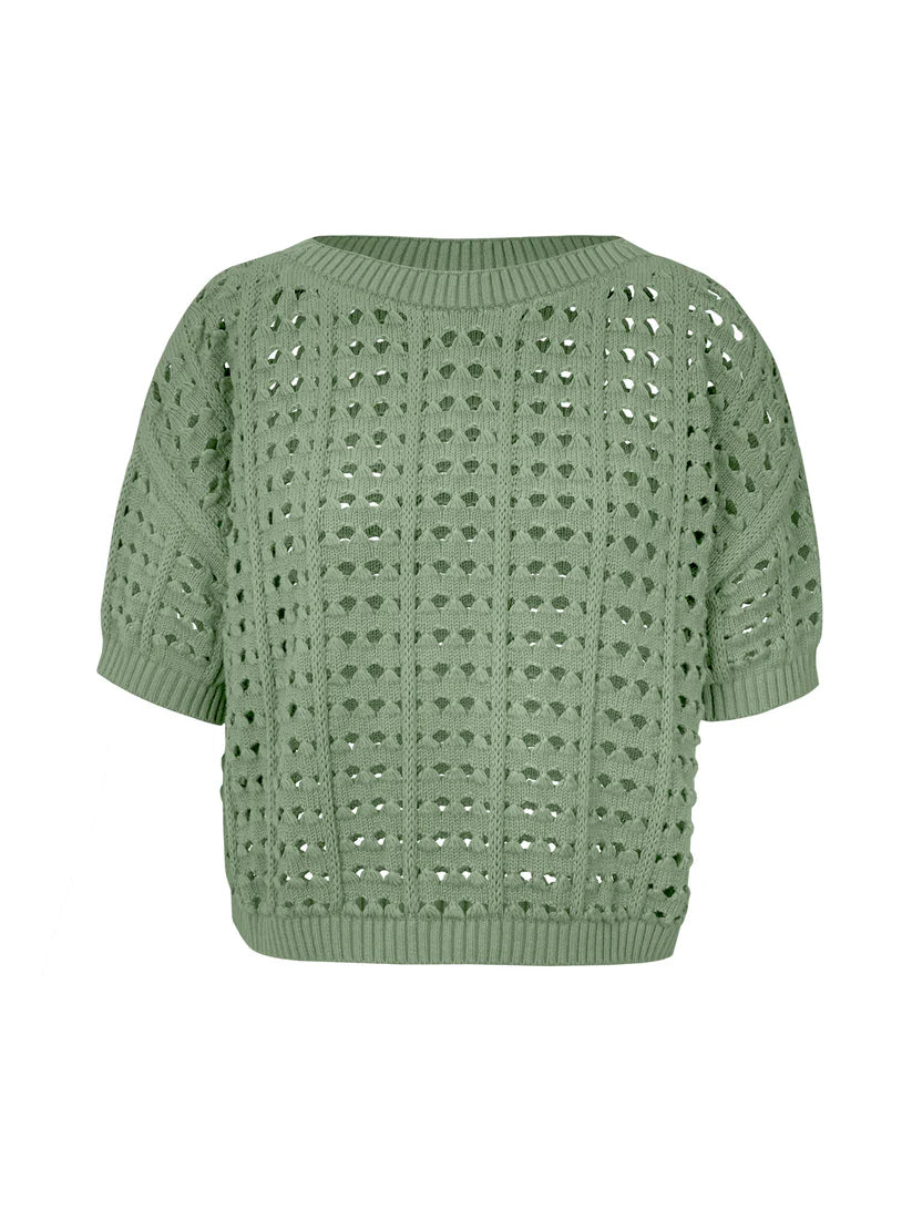 BLUSA EM ALGODÃO COM PONTOS VAZADOS E GOLA CANOA