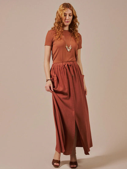 Saia midi com bolsos e cordão Biamar 12288