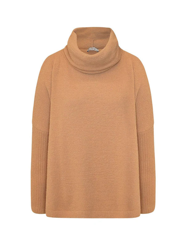 BLUSA ALONGADA EM FIO PLUMA COM GOLA ALTA E MANGA CANELADA BIAMAR