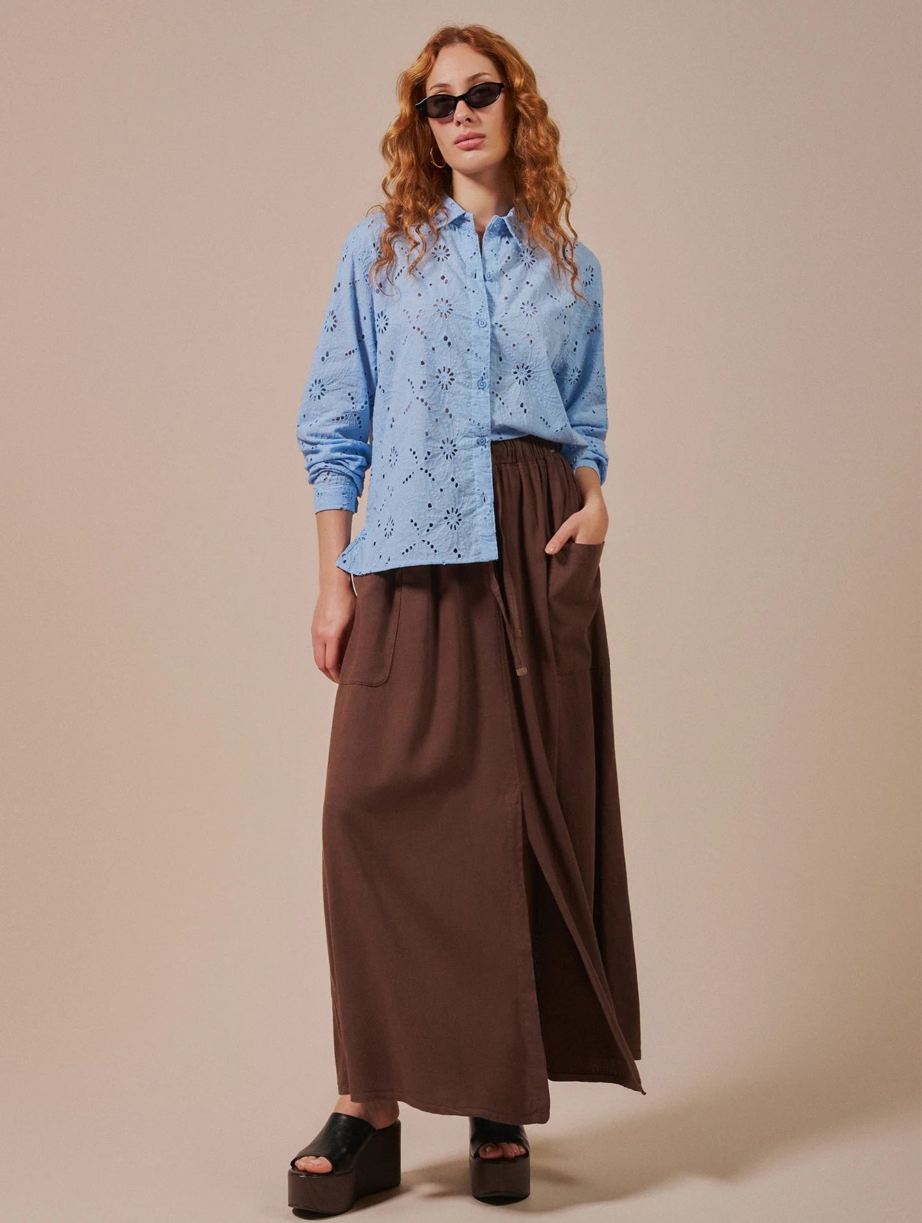 Saia midi com bolsos e cordão Biamar 12288