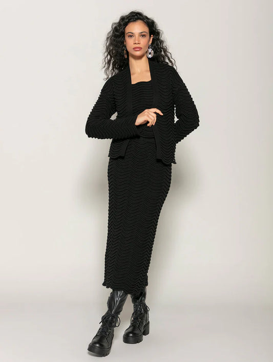 Saia midi em ponto duna com elástico na cintura e fenda Biamar 12365