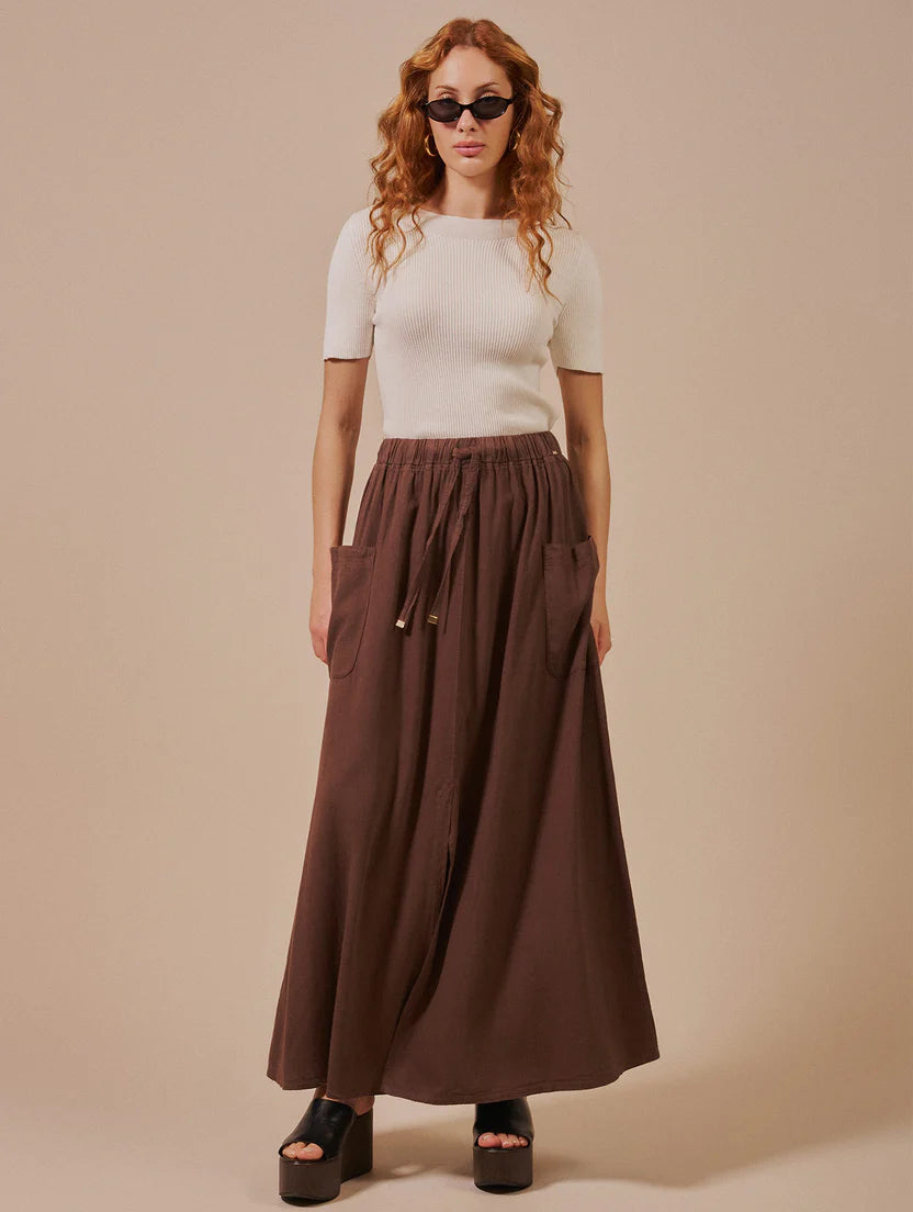Saia midi com bolsos e cordão Biamar 12288