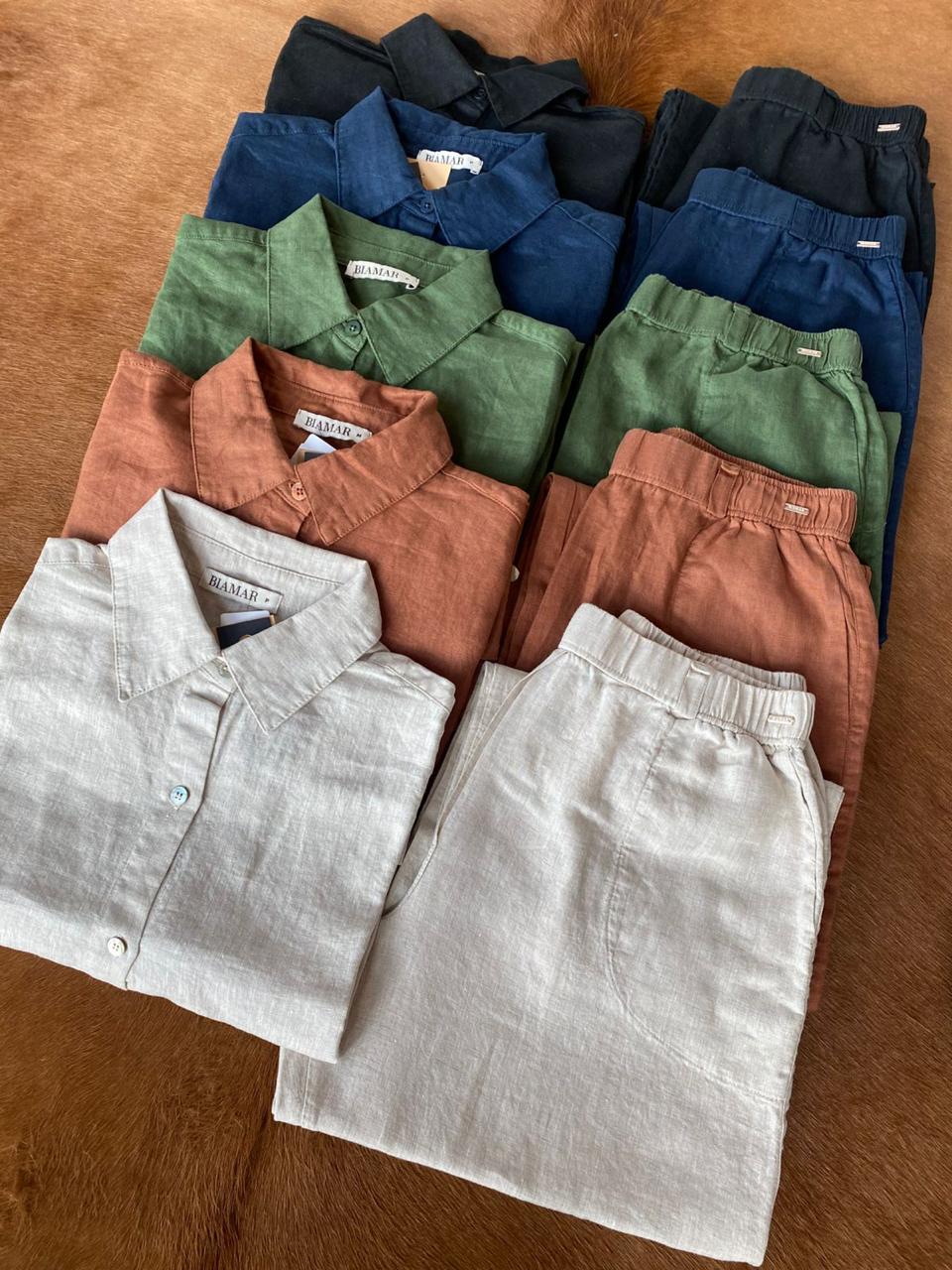 CALÇA RETA EM LINHO COM BOLSOS E ELÁSTICO BIAMAR 12065 100% LINHO