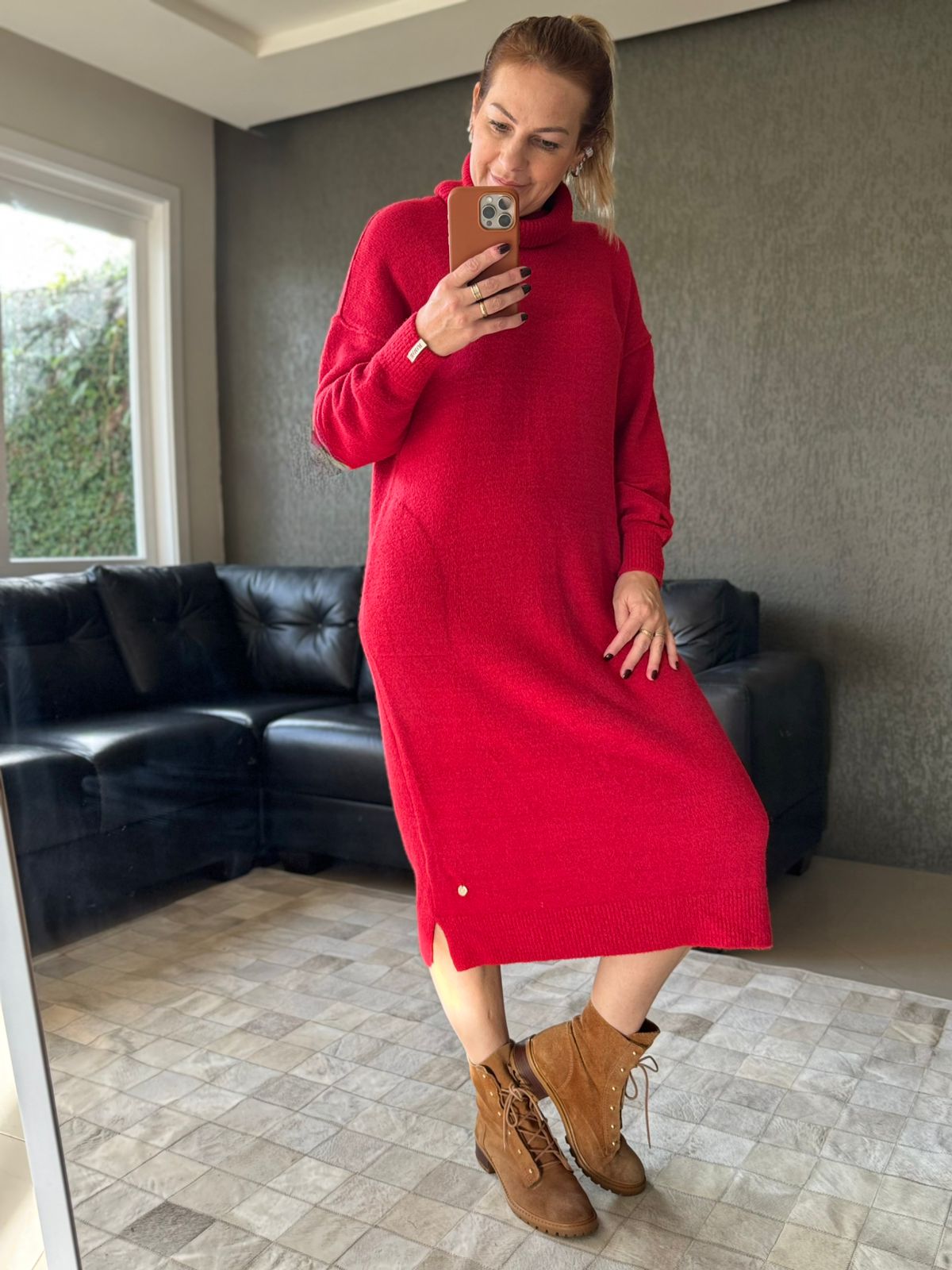 Vestido oversized Biamar comprimento mídi com bolso e gola alta 11109