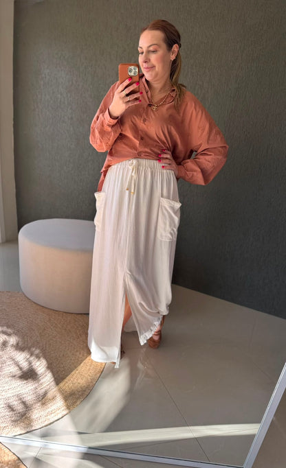 Saia midi com bolsos e cordão Biamar 12288