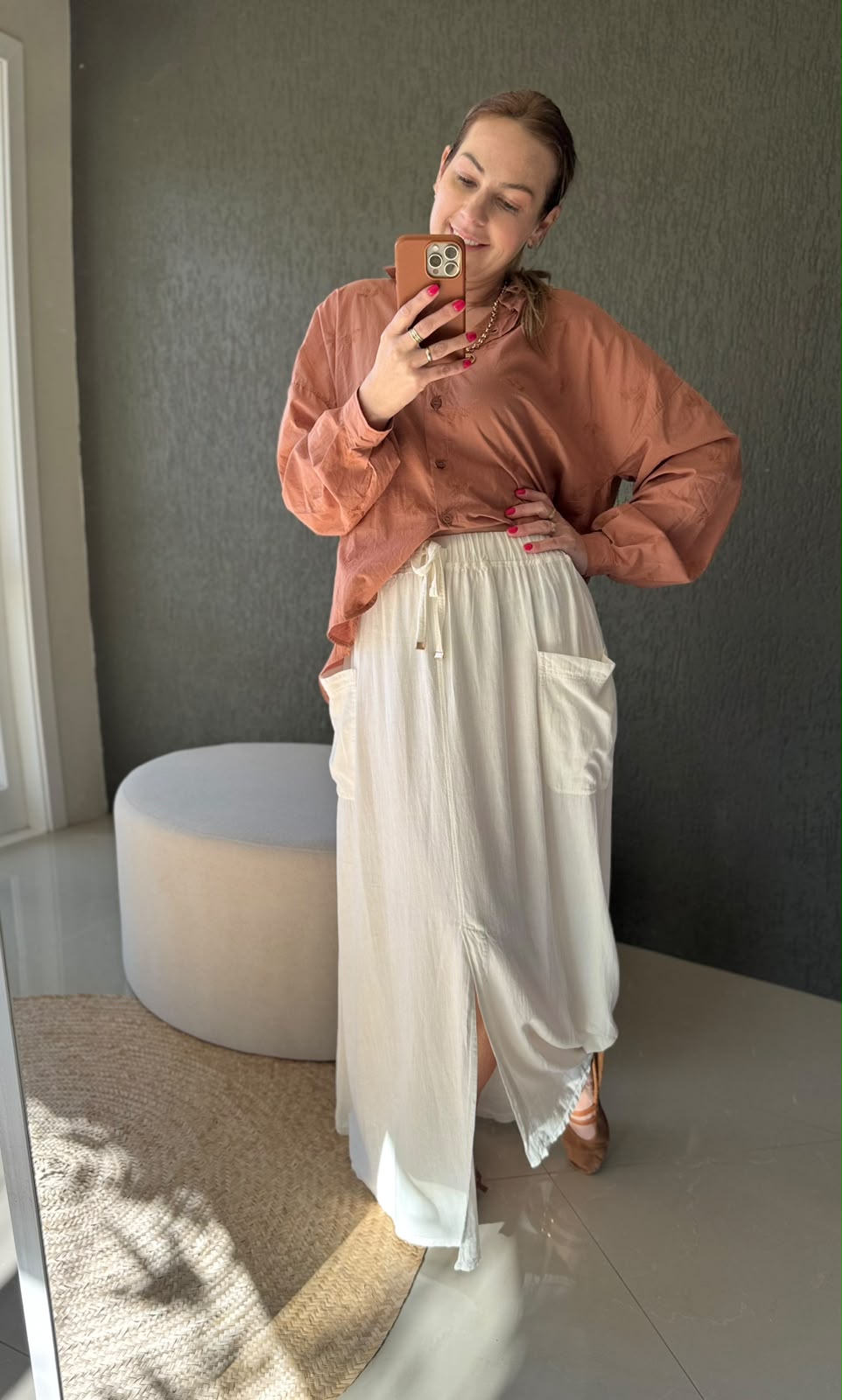Saia midi com bolsos e cordão Biamar 12288