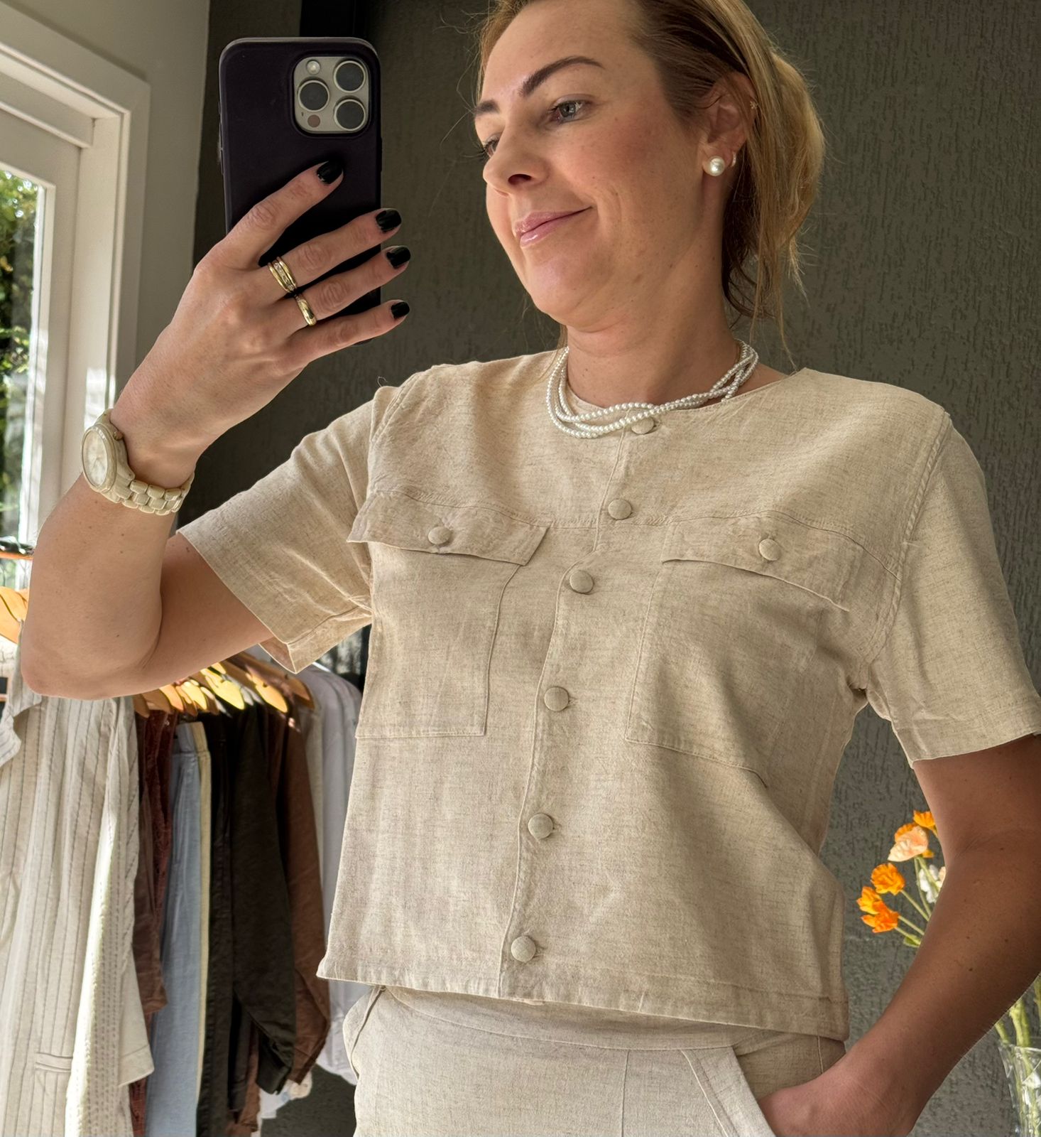 BLUSA MANGA CURTA EM VISCOLINHO COM BOTÕES FORRADOS BIAMAR 12076