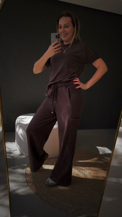 Calça pantalona em moletinho com bolsos laterais Biamar 12311