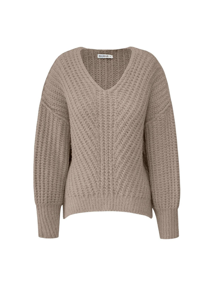 BLUSA DE PONTO TRANÇADO COM DECOTE EM “V” E PUNHOS CANELADOS BIAMAR