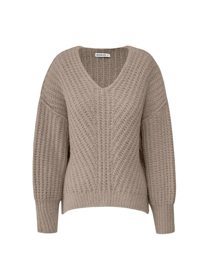 BLUSA DE PONTO TRANÇADO COM DECOTE EM “V” E PUNHOS CANELADOS BIAMAR