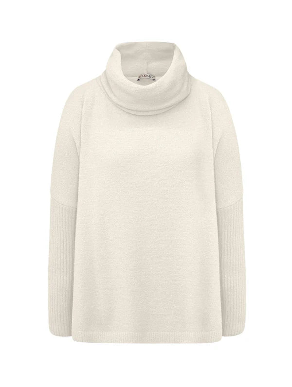 BLUSA ALONGADA EM FIO PLUMA COM GOLA ALTA E MANGA CANELADA BIAMAR
