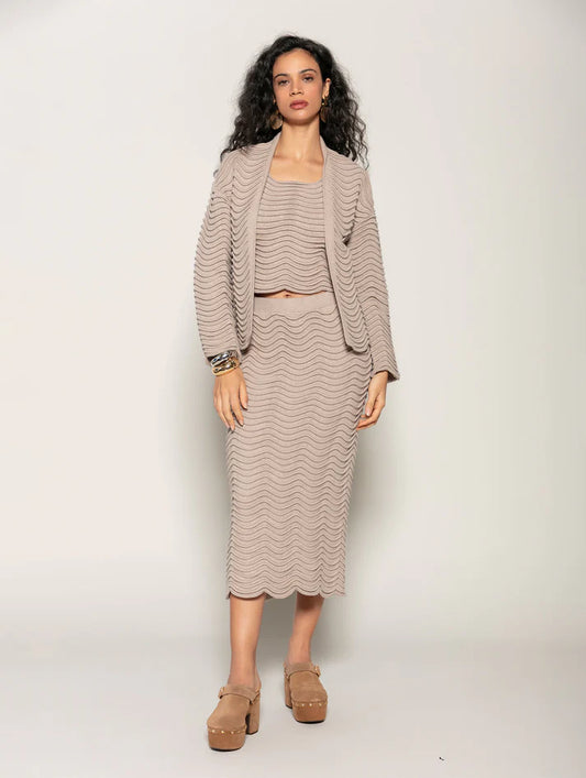 Saia midi em ponto duna com elástico na cintura e fenda Biamar 12365