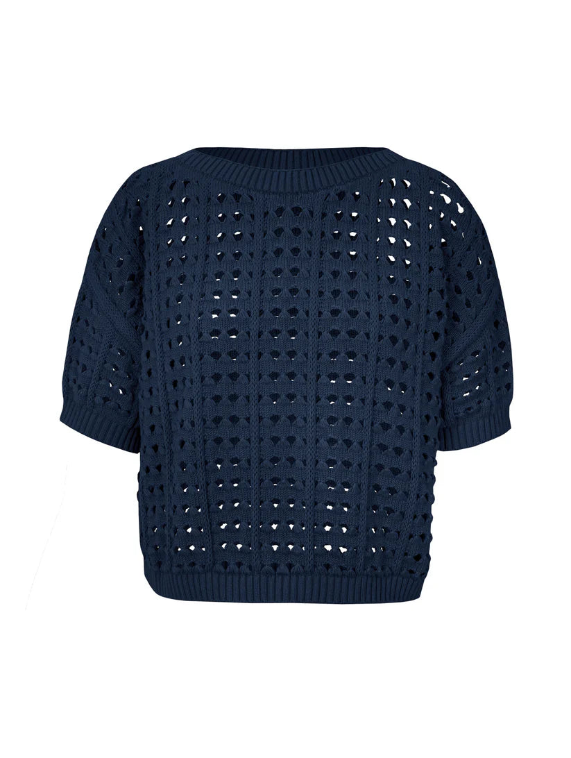 BLUSA EM ALGODÃO COM PONTOS VAZADOS E GOLA CANOA