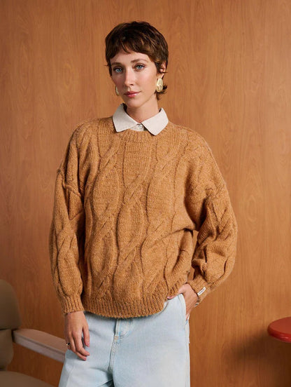 BLUSA COM GOLA REDONDA, PONTO TRANÇADO LARGO E PUNHOS CANELADOS BIAMAR