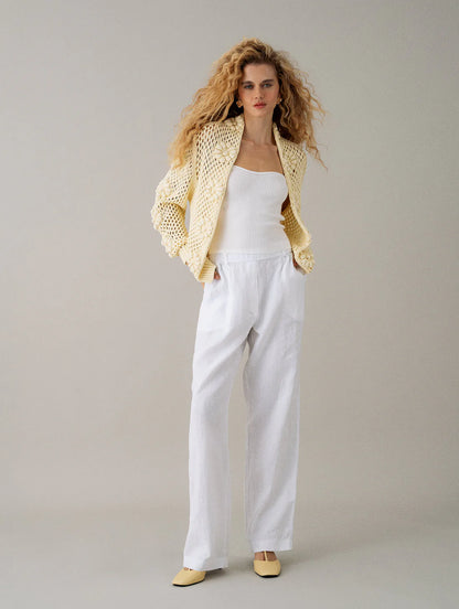 CALÇA RETA EM LINHO COM BOLSOS E ELÁSTICO BIAMAR 12065 100% LINHO