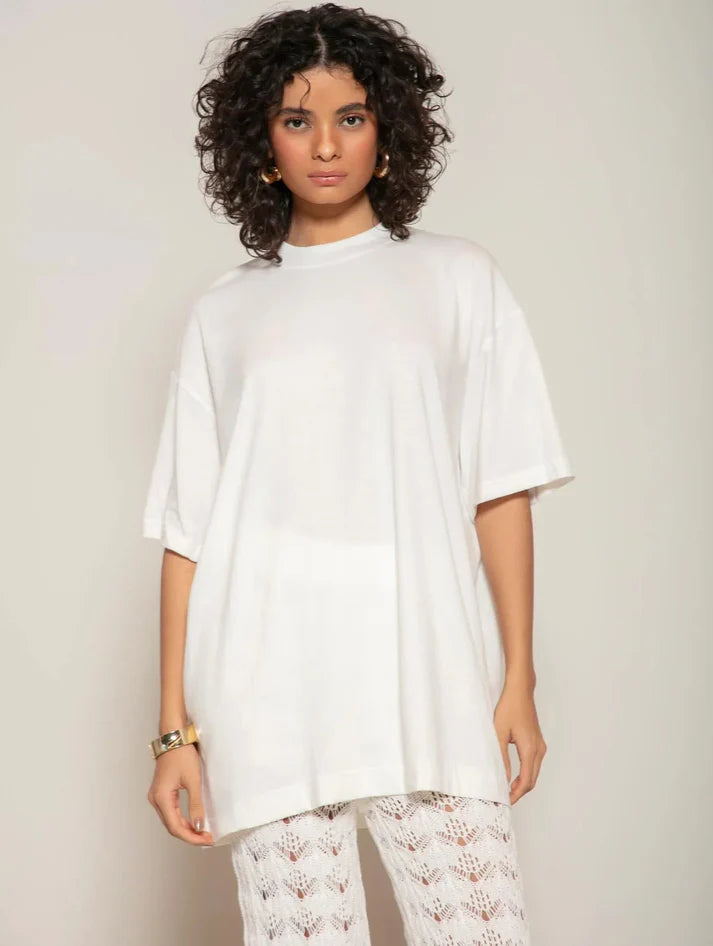 BLUSA OVERSIZED MANGA CURTA COM GOLA REDONDA E DETALHE EM TRICÔ BIAMAR 12094